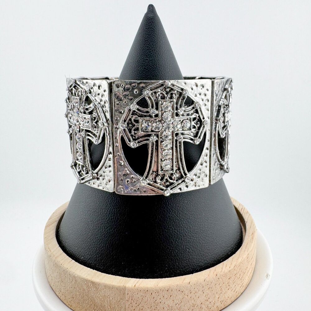 Vintage Silver Rhinestone Cross Stretch Bracelet Gothic Western Faith Chunky